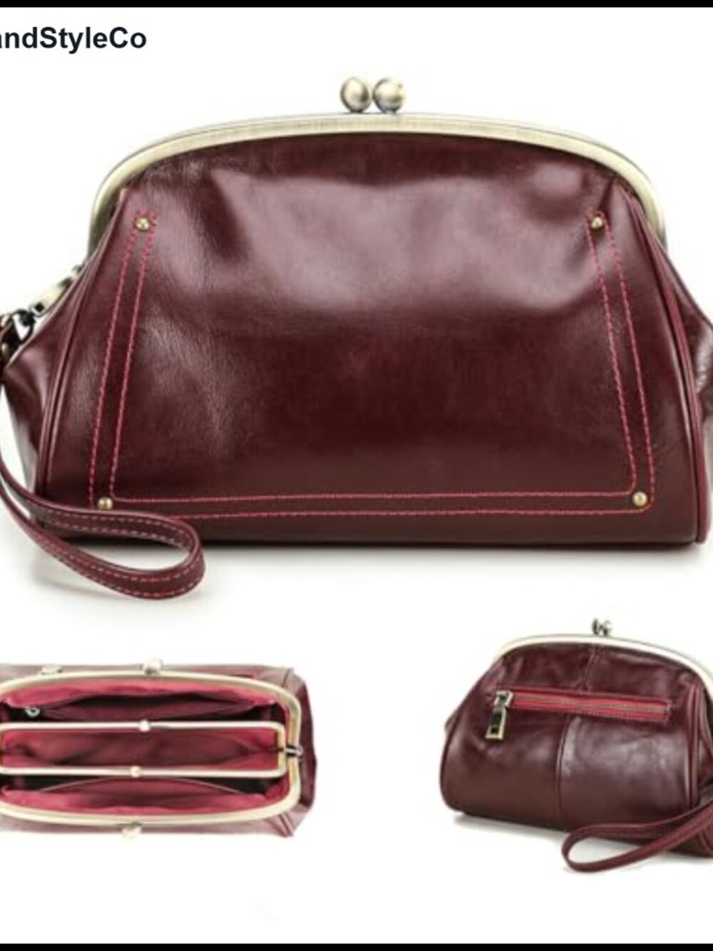 Full Grain Leather Kiss Lock Clutch Wristlet Evening Bag